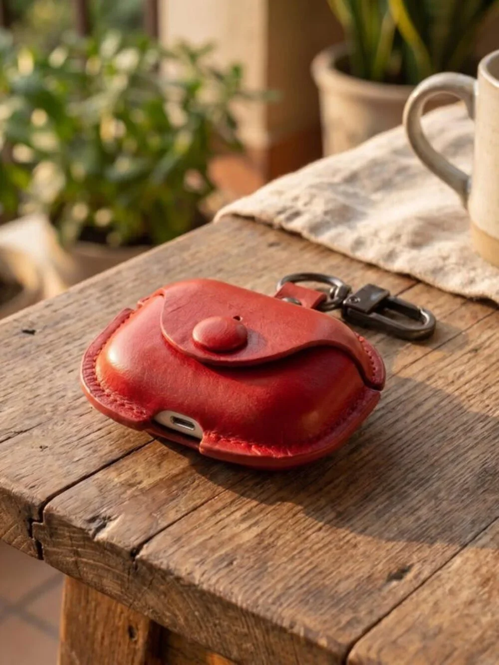 Red AirPods Vintage Leather Case - Brass Hardware Clip